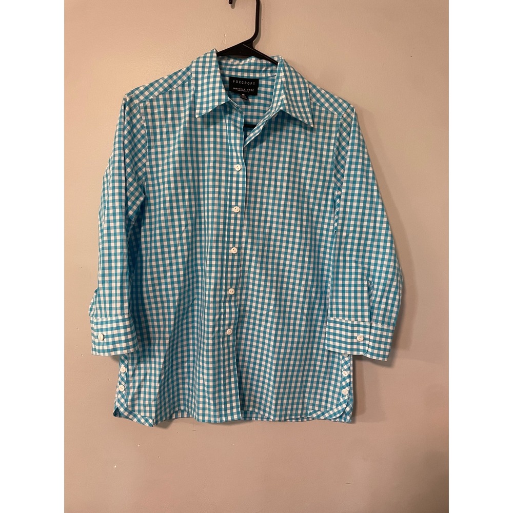 Foxcroft Womens 6 Turquoise Gingham Wrinkle Free Shaped Fit 3/4 Sleeve Blouse